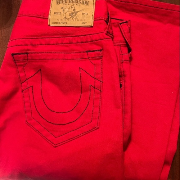 True Religion Red Mens Motto Denim Jeans Sz 32 Red Straight Leg - Picture 7 of 13